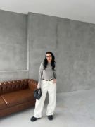 Bisiklet Yaka Uzun Kollu Crop - Gri resmi